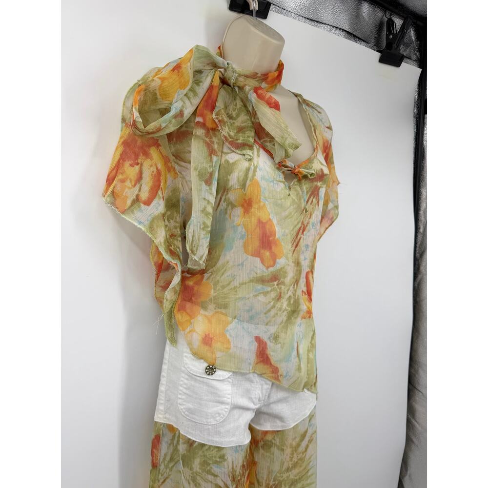 Womens Boho Sheer Floral 2pc Set Palazzo Pants Overlay Shorts Resort Y2K Size L - Picture 3 of 16